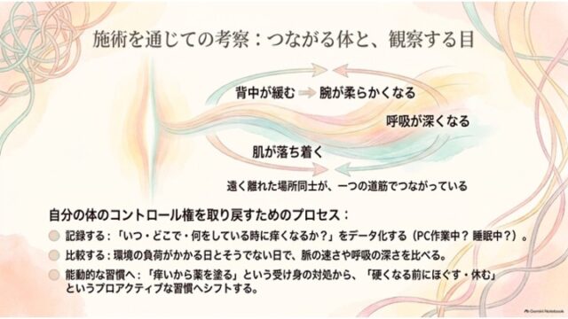 上部に「背中・腕・呼吸・肌」の循環矢印フロー、下部に「記録する・比較する・能動的な習慣へ」のリストが並ぶ考察スライド。