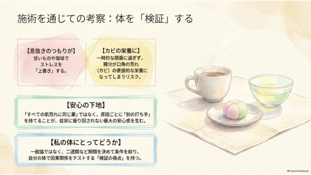 コーヒーと和菓子とお茶のイラストの横に、甘いものやカフェインがカビの栄養になるリスクや、期間を決めて自分の体でケアの効果を検証する姿勢を説いたスライド。