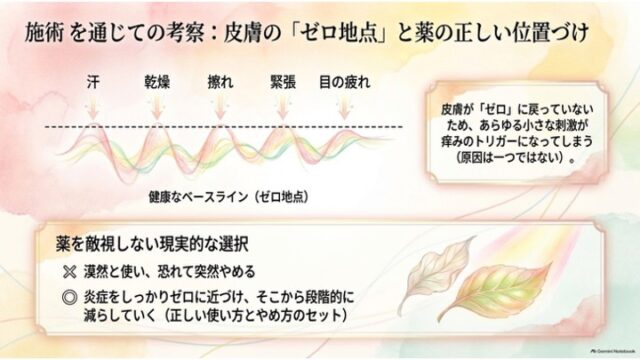 刺激と痒みの閾値を示す波線グラフと、「薬を敵視しない現実的な選択」として段階的な減薬の重要性を説いた解説スライド。