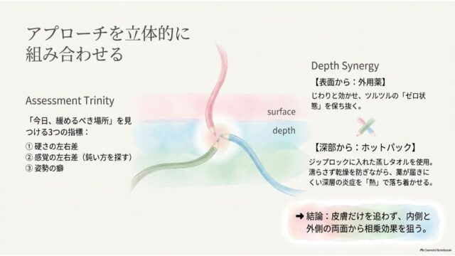 3本の色鉛筆が中央を指すイラストを中心に、左にアセスメント指標、右に表面と深部のケア（外用薬とホットパック）をまとめたスライド。
