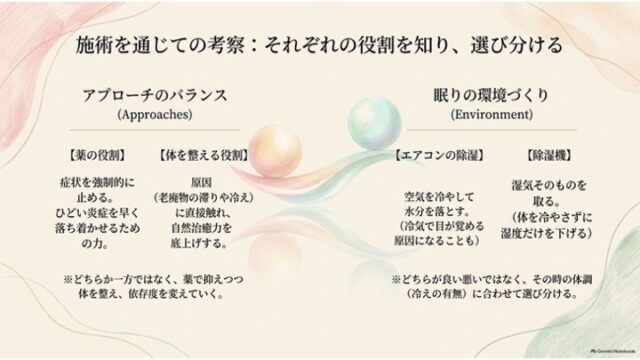 2つの球体が乗ったバランスバーのイラスト。左に薬と体質改善の役割分担、右にエアコン除湿と除湿機の使い分けが記載された考察スライド。