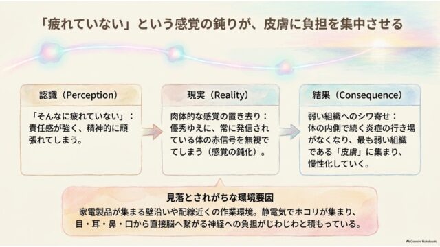 「『疲れていない』という感覚の鈍りが、皮膚に負担を集中させる」というタイトルのもと、「認識（Perception）」「現実（Reality）」「結果（Consequence）」の3つのボックスが矢印で連なり、下部に作業環境の要因が示された解説スライド。
