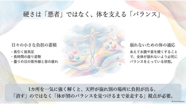 中央の天秤のイラストを挟んで、負担の蓄積と体の適応バランスを解説し、無理に緊張を消さず並走する重要性をまとめたスライド。