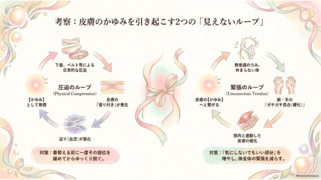 左に「圧迫のループ」、右に「緊張のループ」を円環矢印と部位イラストで表現し、かゆみが生じる悪循環と対策を示したスライド