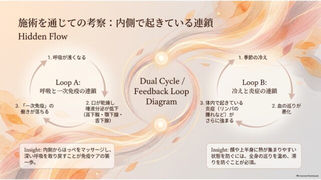 中央のタイトルを挟み、左に呼吸と一次免疫の低下サイクル、右に冷えと炎症悪化のサイクルを矢印のループで表した循環図スライド。