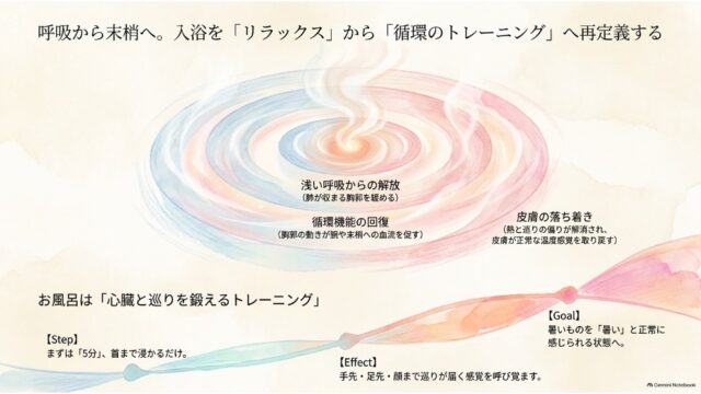 入浴を「循環のトレーニング」と再定義し、呼吸から末梢への巡りを促すアプローチを示すスライド。