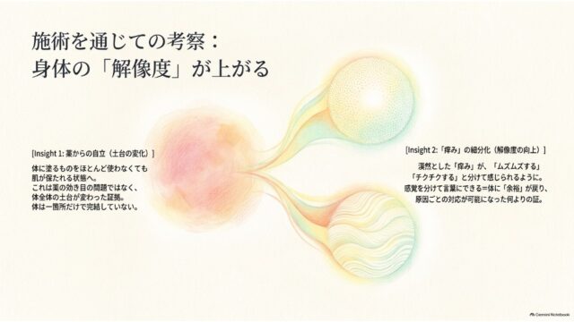 左右に「薬からの自立」と「痒みの細分化」の2つの考察を記載し、中央で水彩のラインが分岐しているスライド。