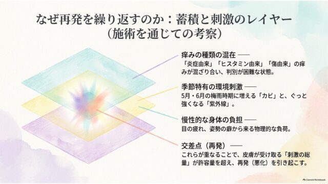 3枚の半透明な四角い板（レイヤー）が重なり合い、その中心に強い刺激が集まっている図と、それぞれの要因（痒みの種類、季節刺激、身体の負担）を説明するテキストが並ぶスライド。