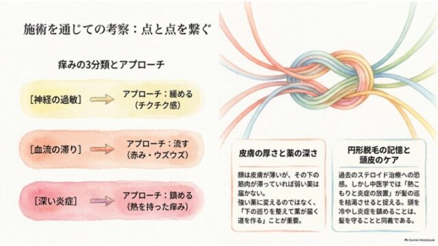 チクチク・ウズウズ・熱感という3種類の痒みへの対処法、および首の巡りを整えて頭皮の炎症を冷ます重要性を記した考察スライド。