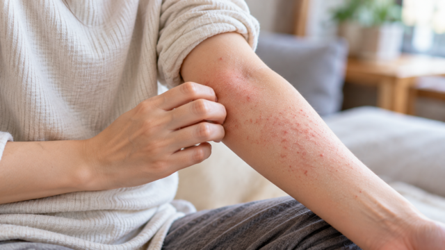 季節の変わり目に赤いポツポツと乾燥が出た腕を手で触れて確認している様子