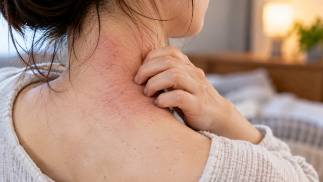 低気圧が続く時期に赤みと乾燥、かゆみが気になる首を手で触れている女性
