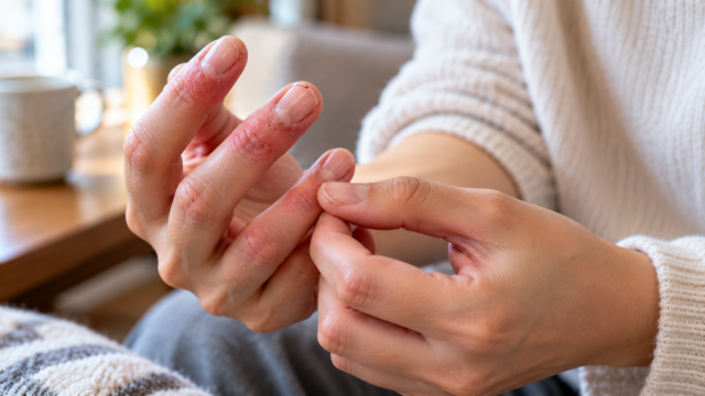 低気圧が続く時期に赤みや乾燥、ささくれが出た指先を反対の手で確認している様子