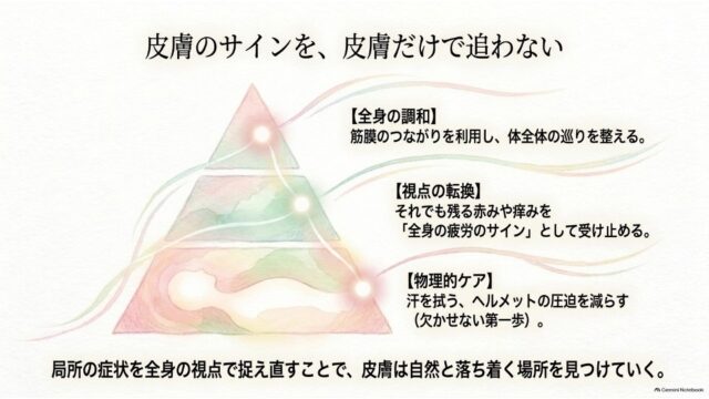 3層ピラミッドと光のラインの図解とともに、物理的ケア・視点の転換・全身の調和の3要素と、全体を結ぶ総括メッセージが記されたまとめスライド。