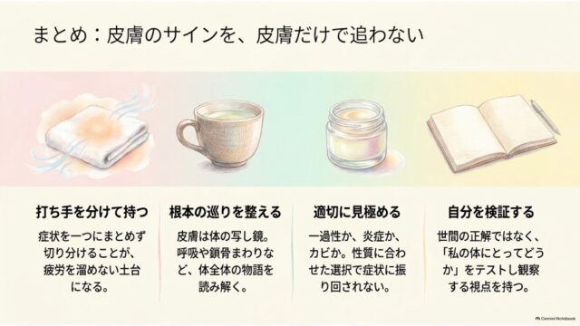 上部にホットタオル・カップ・軟膏瓶・ノートの4つのアイコン風イラストが並び、下部に「打ち手を分けて持つ」「根本の巡りを整える」「適切に見極める」「自分を検証する」という4つのまとめポイントが並んだ総括スライド。