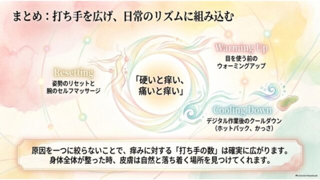 中央に「硬いと痒い、痛いと痒い」と記され、周囲にウォーミングアップ、クールダウン、リセットの日常ケアが円状に配置されたまとめスライド。