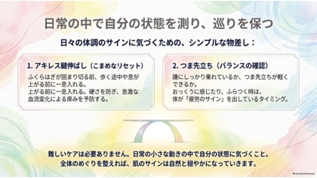 アキレス腱伸ばしやつま先立ちといった日常の動きを物差しとして活用する方法と、「日常の小さな動きで巡りを整えれば肌のサインは穏やかになる」というまとめのメッセージが書かれた最終スライド。
