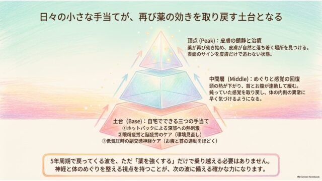 光り輝く3層のピラミッドイラスト。「日々の小さな手当てが、再び薬の効きを取り戻す土台となる」という見出しとともに、土台（Base）、中間層（Middle）、頂点（Peak）の各階層の解説と、締めくくりのメッセージが記載されたまとめスライド。