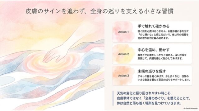 波紋の中心に触れる手のイラストと、巡りを支える3つのアクション（手で触れる・温めて動かす・末端の巡り）を並べたまとめスライド。