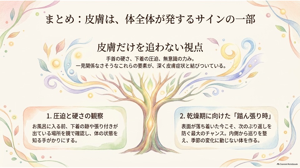 枝を広げる美しい木の水彩画を中心に配し、「圧迫と硬さの観察」と「乾燥期に向けた踏ん張り時」の2点をまとめた総括スライド