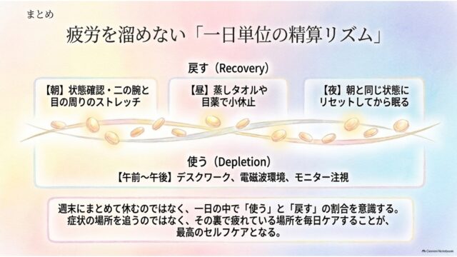 朝・昼・夜の「戻す（リカバリー）」行動と、日中の「使う（消費）」行動を対比させ、1日単位で疲労を精算するリズムの重要性をまとめたスライド。