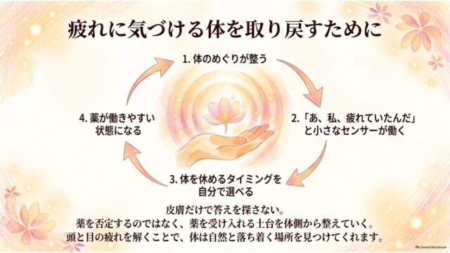 中央に両手に包まれた蓮の花のイラストと、めぐりの改善から自己の疲れへの気づき、適切な休息、薬の効果向上へと循環する4段階のサイクル図を描いたまとめスライド。