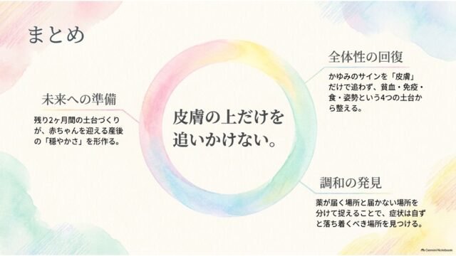 虹色の円環の中央に「皮膚の上だけを追いかけない。」と配置され、周囲に未来への準備・全体性の回復・調和の発見の3項目が並ぶまとめスライド。