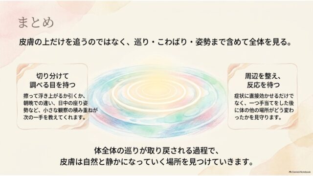 中央に波紋のイラストがあり、左右にまとめのポイント、下部に全体の結論が記載された最終スライド。