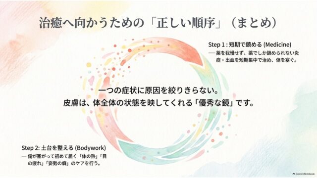 中央に円を描く矢印のイラストと「皮膚は体全体の鏡」というメッセージがあり、右上（Step 1：短期で鎮める）から左下（Step 2：土台を整える）へと繋がる治療の順序をまとめたスライド。