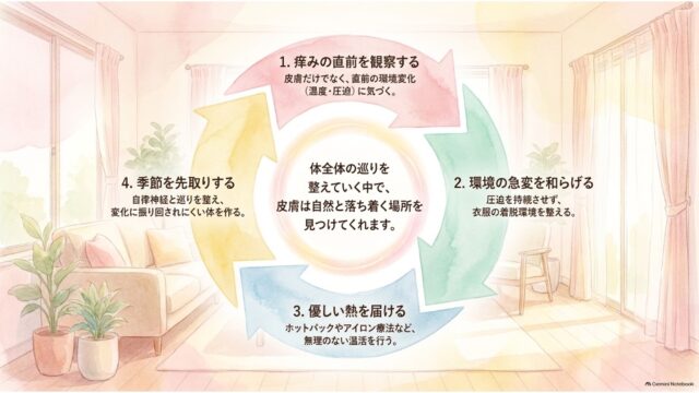 リビングの背景の上に、「観察する」「急変を和らげる」「熱を届ける」「季節を先取りする」の4つのステップが巡る円形サイクル図。