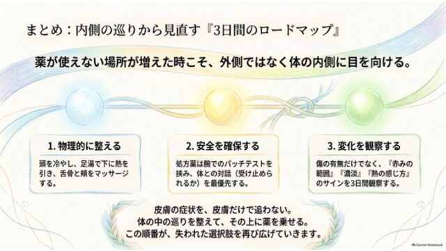 青・黄・緑の光る球体の下に「1.物理的に整える」「2.安全を確保する」「3.変化を観察する」の3ステップが提示され、皮膚の症状を内側の巡りから改善するロードマップをまとめた最終スライド。