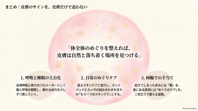アトピーの赤み治療における血流・自律神経ケアの重要性を、課題把握から実践法、総括まで順序立てて解説した全編のまとめインフォメーション。
