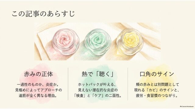 バラの花の形をした3色のスキンケアクリームの小瓶イラストの下に、「赤みの正体」「熱で『聴く』」「口角のサイン」という3つの要点がまとめられた目次スライド。