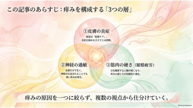 「皮膚の炎症」「神経の過敏」「筋肉の硬さ（眼精疲労）」の3つの円が重なり合うベン図と、その下部に「痒みの原因を一つに絞らず、複数の視点から仕分けていく。」と書かれた解説スライド。