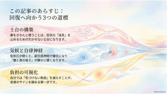 ピンク・水色・黄色の帯状イラストに沿って、「土台の構築」「気候と自律神経」「負担の可視化」の3つの要点が記載されたあらすじスライド。