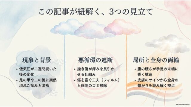 「この記事が紐解く、3つの見立て」というタイトルのもと、「現象と背景」「悪循環の遮断」「局所と全身の両輪」という3つのポイントが、水彩の雲と光のイラストとともに横並びで整理されたスライド。