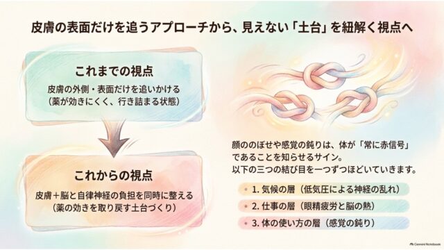 「皮膚の表面だけを追うアプローチから、見えない『土台』を紐解く視点へ」と題し、従来の視点から新しい視点への変化を示すボックス図と、絡まり合う3つの結び目のイラスト、および気候・仕事・体の使い方の3層についての解説テキスト。