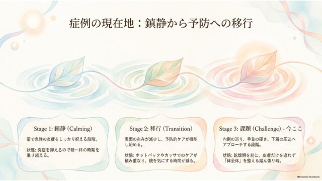 「Stage 1: 鎮静」「Stage 2: 移行」「Stage 3: 課題 - 今ここ」の3ステップが木の葉と波紋のイラストとともに並ぶプロセスの解説スライド