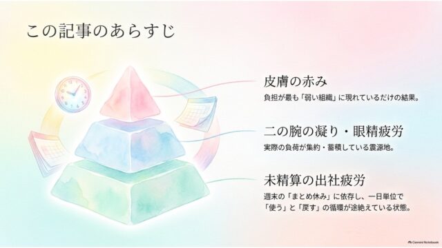 3層のピラミッド図を用いて、頂点の「皮膚の赤み」、中段の「二の腕の凝り・眼精疲労」、土台の「未精算の出社疲労」という疲労の階層構造を解説したスライド。