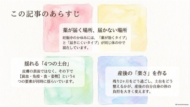 4色の淡い水彩背景の上に「薬が届く場所、届かない場所」「揺れる『4つの土台』」「産後の『楽さ』を作る」の3つの要約カードが配置された、記事のあらすじスライド。