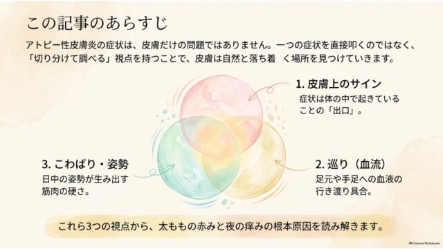 3つの円が重なるイラストとともに、「1. 皮膚上のサイン」「2. 巡り（血流）」「3. こわばり・姿勢」の視点を示すスライド。