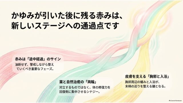 かゆみが引いた後の赤みに関する3つのアプローチ（途中経過、薬と自然治癒の両輪、胸郭と入浴）を示す解説スライド。