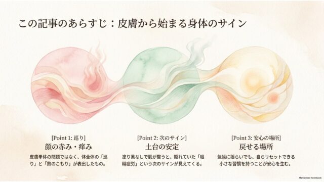 3つの水彩画風の円と繋がるラインで「巡り」「土台の安定」「安心の場所」の3つのポイントを解説しているスライド。