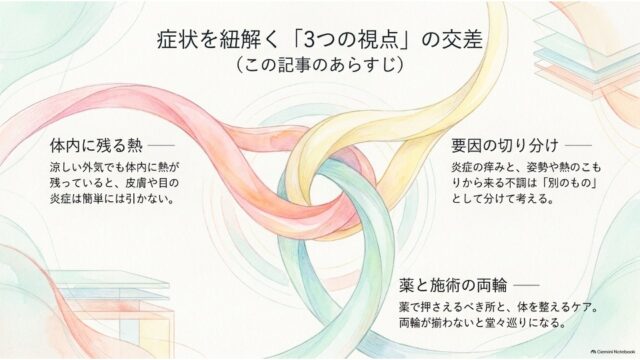 3色の水彩リボンが中央で交差するイラストの周囲に、「体内に残る熱」「要因の切り分け」「薬と施術の両輪」という3つの要点が配置されたスライド。