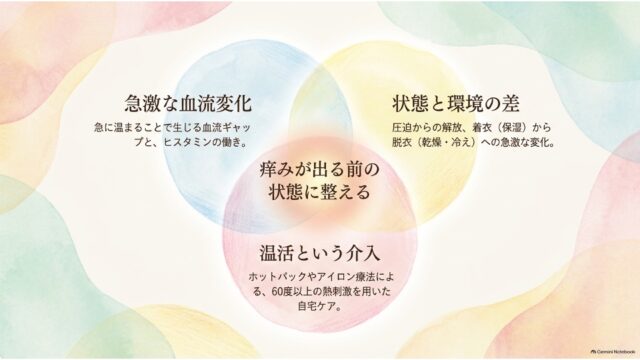 「急激な血流変化」「状態と環境の差」「温活という介入」の3つの重なり合う円の中心に「痒みが出る前の状態に整える」と示されたベン図。