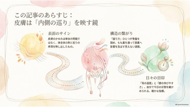 太陽のような熱の球体、骨盤の骨格図、時計と蓮の花のイラストが一本の道で繋がれ、皮膚の症状・姿勢・セルフチェック指標のあらすじを解説したスライド。
