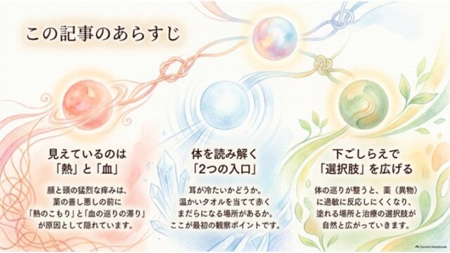 赤・青・緑の球体と紐のイラストの下に、アトピー改善に向けた「熱と血の滞り」「耳や温タオルの観察ポイント」「下ごしらえによる治療選択肢の拡大」の3つの要点をまとめたあらすじスライド。