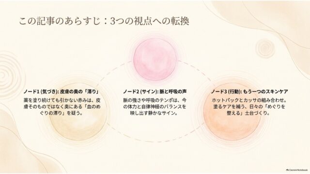 表面のコントロール（涼しさの維持と課題）と内側の混乱（疲労と熱の滞り、炎症発生のメカニズム）を左右・上下で対比して説明したスライド画面。