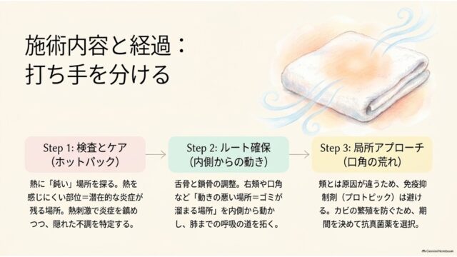 湯気が立つタオルのイラストとともに、Step 1（ホットパックでの検査とケア）、Step 2（舌骨・鎖骨の調整によるルート確保）、Step 3（口角の荒れへの抗真菌薬アプローチ）の3段階フローを示したスライド。