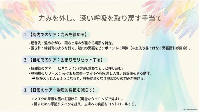 淡い色彩の手のひらイラストを背景に、「1. 院内でのケア」「2. 自宅でのケア」「3. 日常のケア」の3項目で力みと呼吸を改善する手順をまとめたスライド。