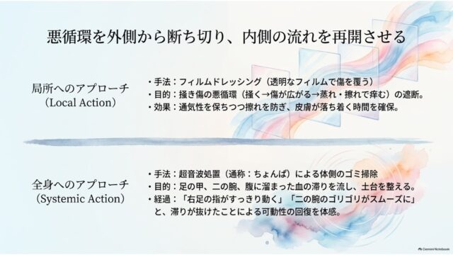 上下に分かれた構成で、上段にフィルムドレッシングによる「局所へのアプローチ」、下段に超音波処置による「全身へのアプローチ」が、透明なフィルムと水彩の軌跡のイラストとともに解説されたスライド。